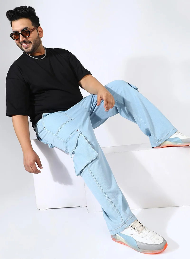 Instafab Plus  Men's Light Blue Utility Cargo Denim Jeans For Casual Wear | Mid-Rise | Straight Fit | Button Closure | Plus-Size Denim Jeans Crafted With Comfort Fit For Everyday Wear for Men | Best Price UAE